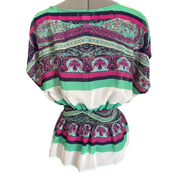 Womens Connection 18 Paisley Print Top M Multicolor Smocked Waist Short Sleeve - Picture 3 of 7
